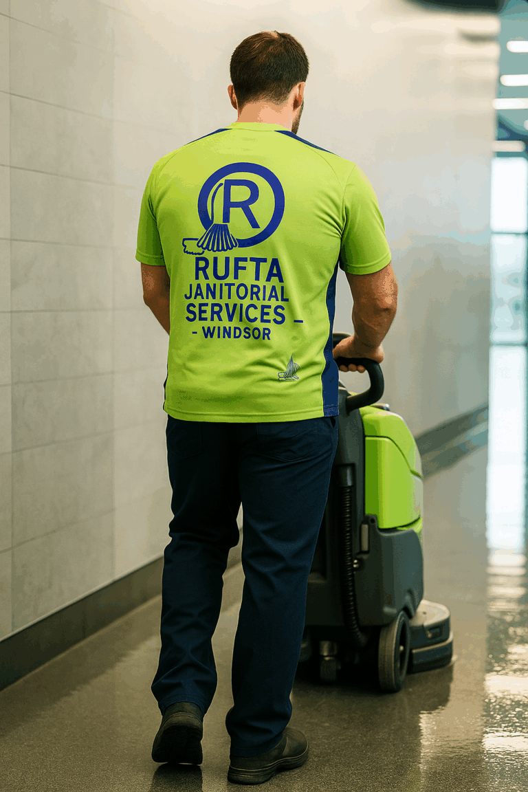Rufta Janitorial Services staff operating a floor cleaning machine in a commercial building, Windsor ON.