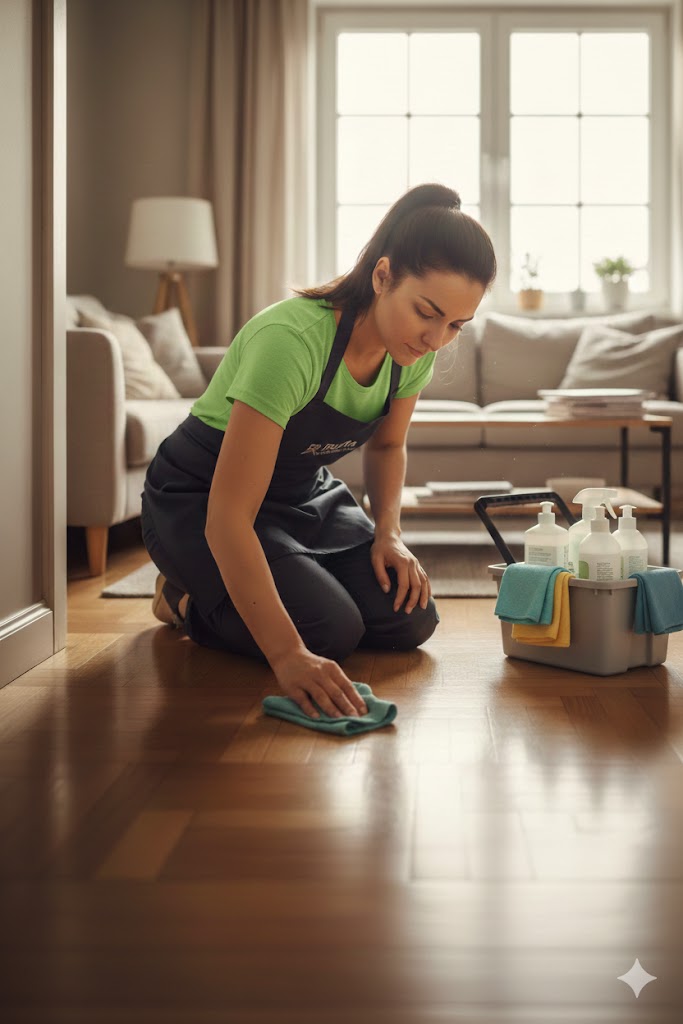 Professional house cleaner from Rufta Janitorial Services wiping a hardwood floor in a residential living room
